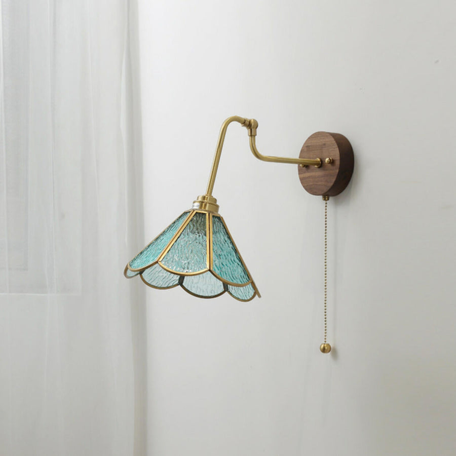 Vintage Floral Blue Glass Wall Sconce with Pull Chain
