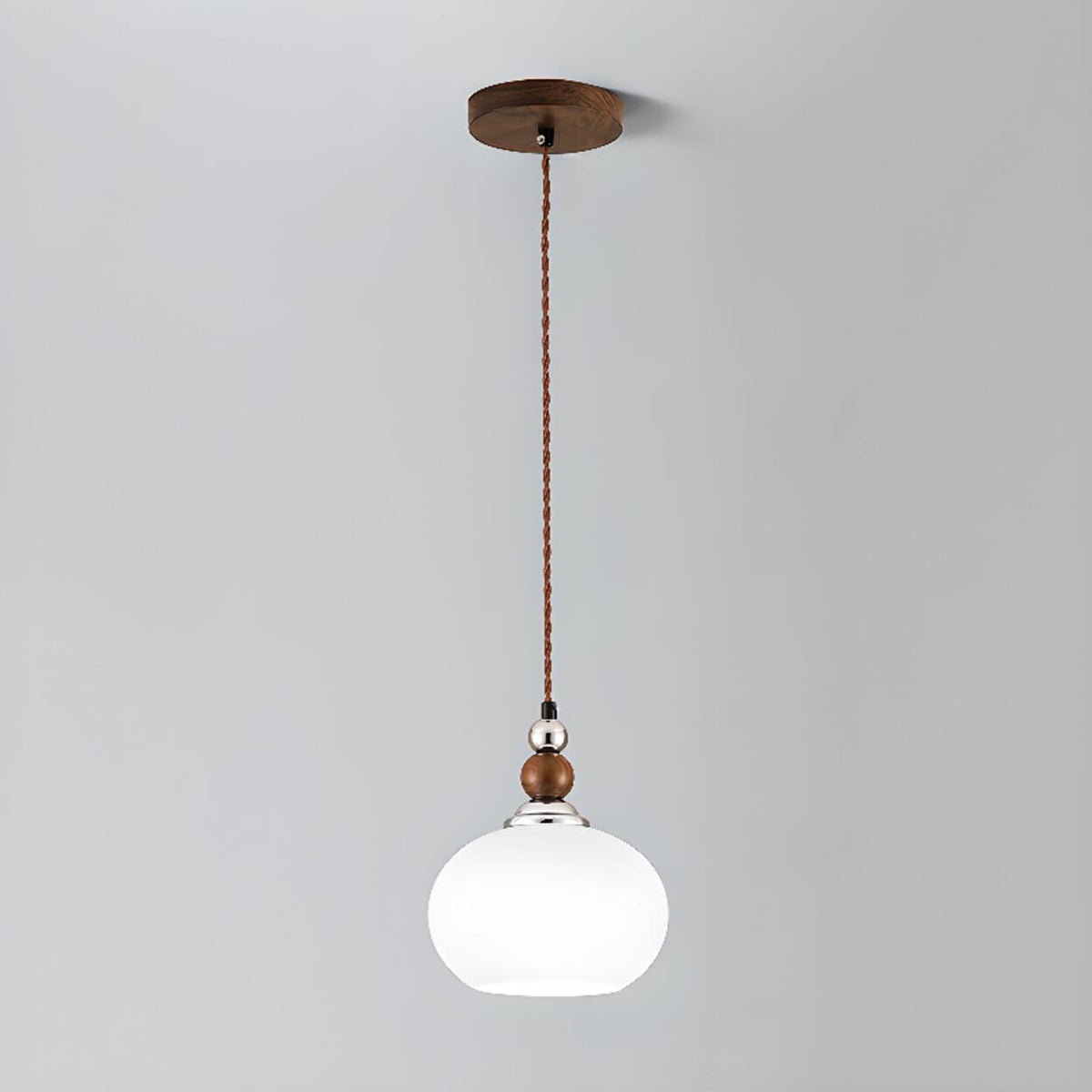 Vintage Milk Glass Globe Pendant Light Wood and Chrome