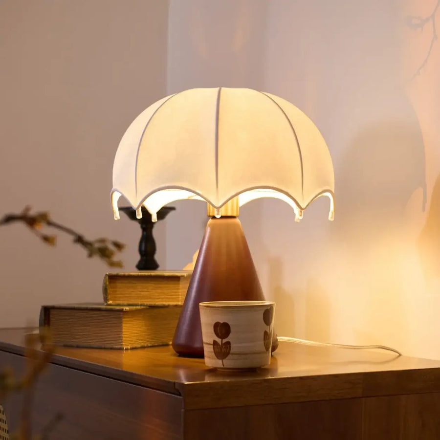 Vintage Silk Umbrella Wood Cone Integrated LED Table Lamp