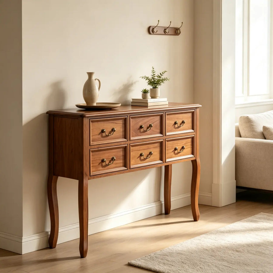 Vintage Walnut Wood Tall Console Table with Drawers