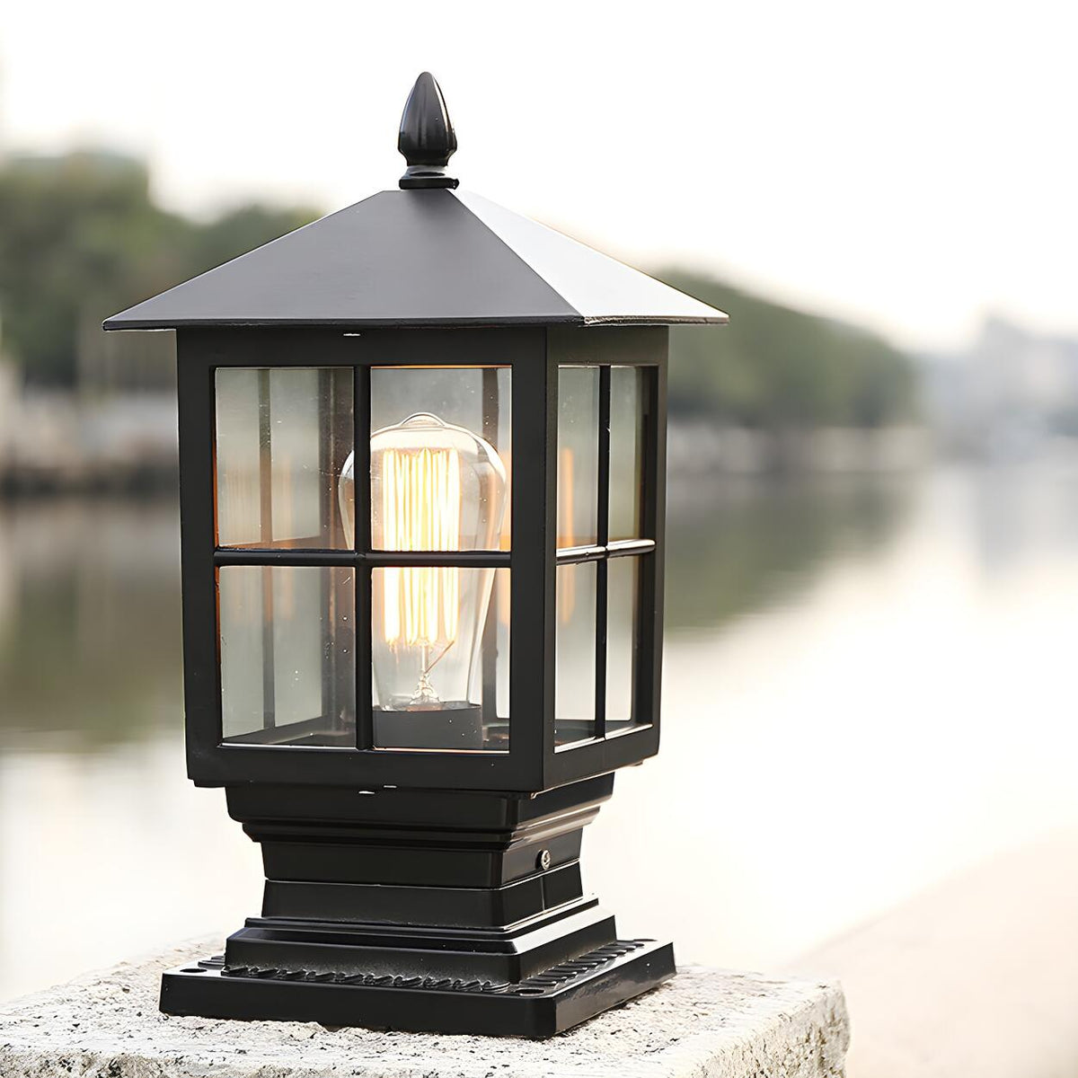 Vintage Outdoor Black Lantern Hardwired Post Pillar Light