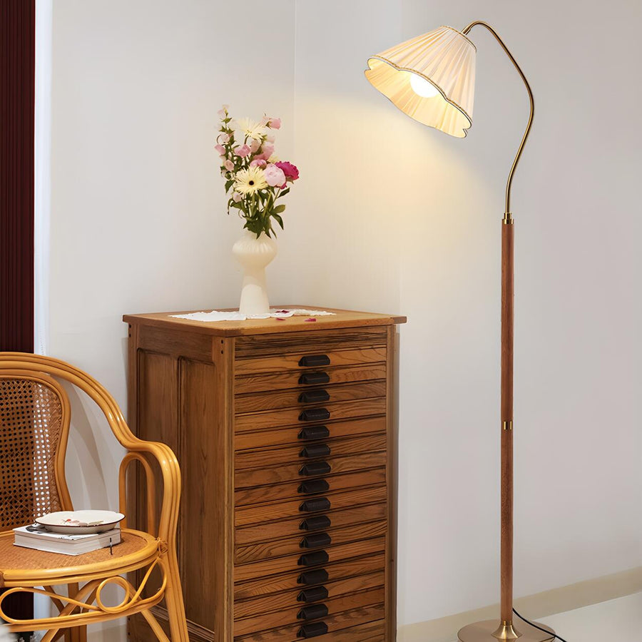 Vintage White Pleated Shade Wooden LED Floor Lamp