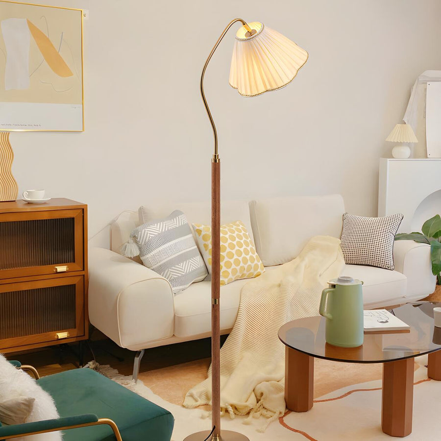 Vintage White Pleated Shade Wooden LED Floor Lamp