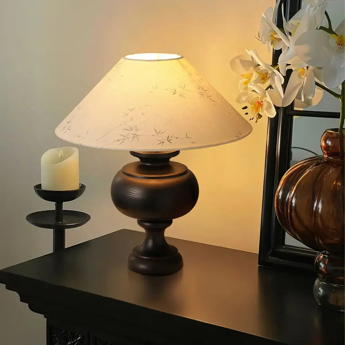Vintage Wood Beige Cone Shade Inline Switch Table Lamp