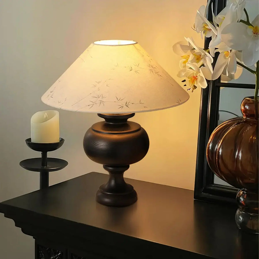 Vintage Wood Beige Cone Shade Inline Switch Table Lamp
