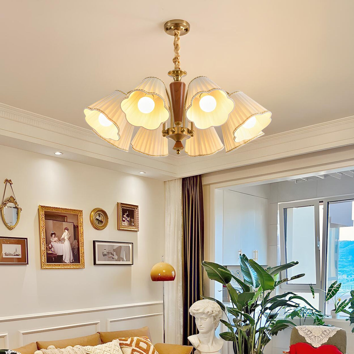 Vintage Wooden Gold Flower Flared Pleated Fabric Chandelier