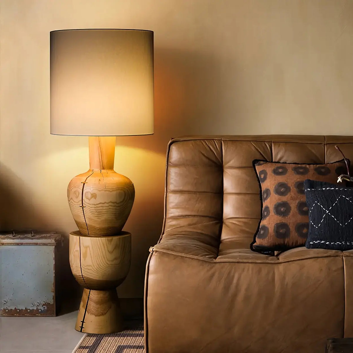 Wabi-sabi Gray Drum Sculptural Stacked Wood Floor Lamp