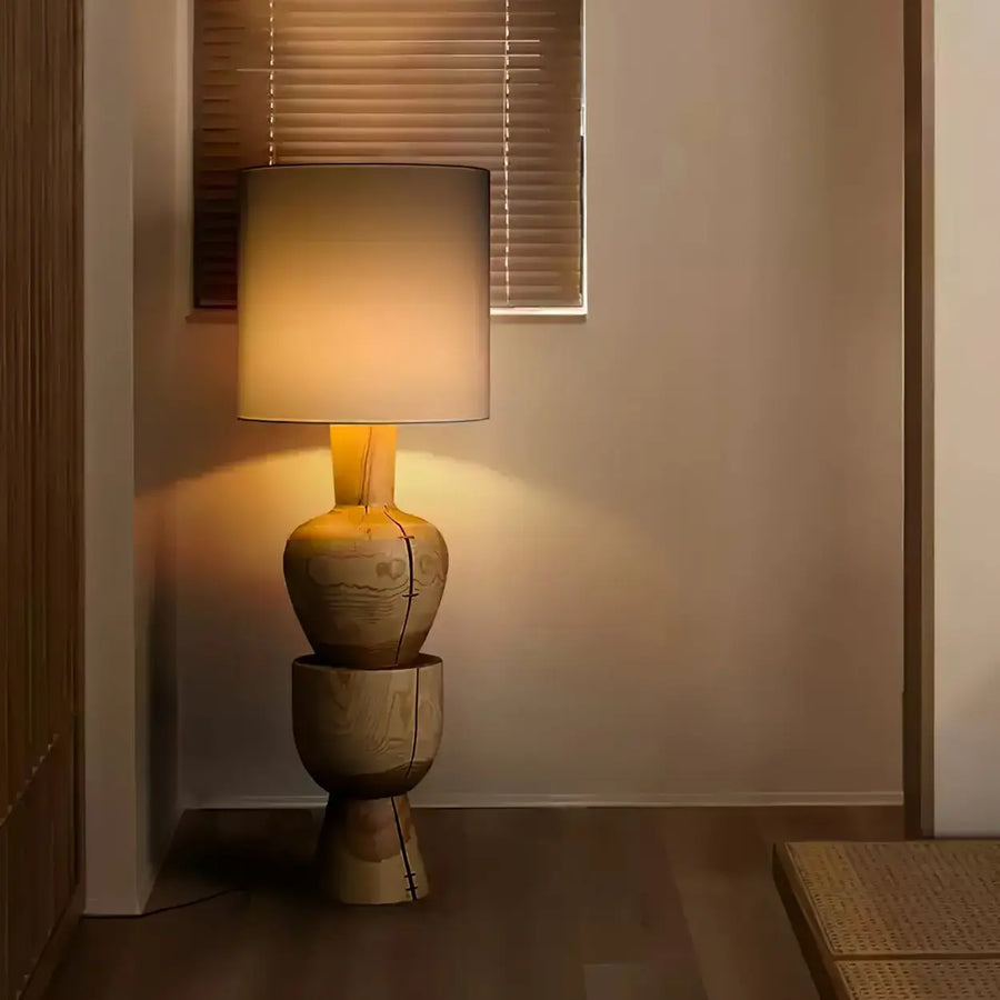 Wabi-sabi Gray Drum Sculptural Stacked Wood Floor Lamp