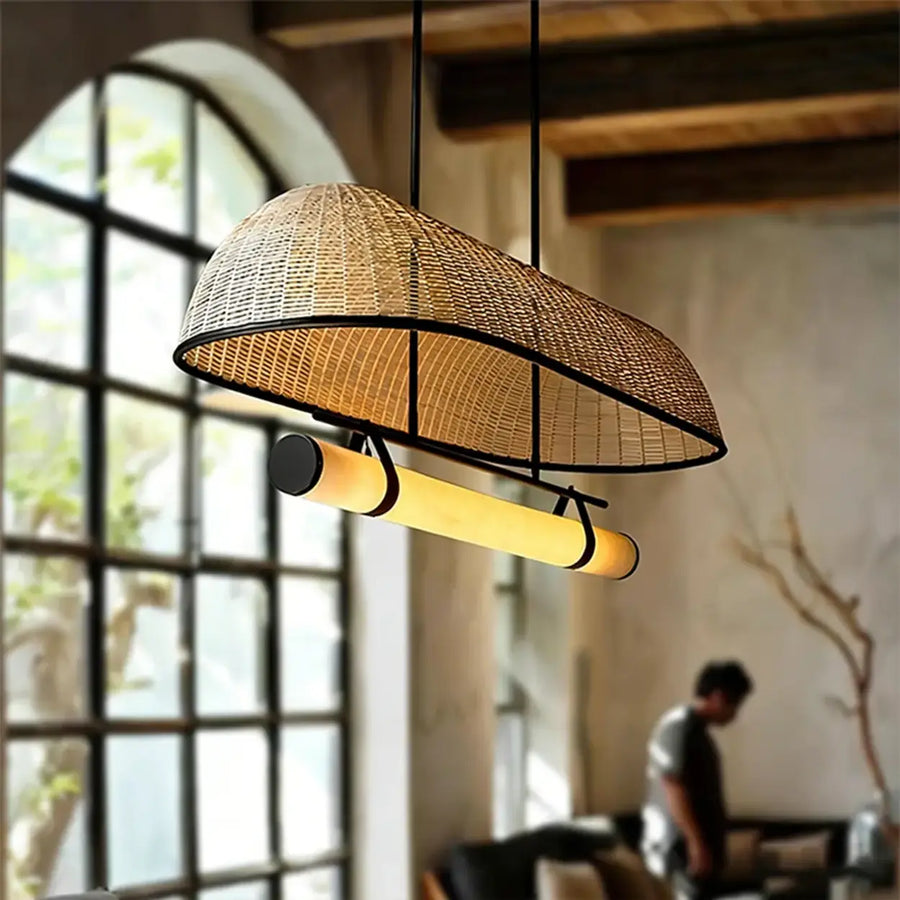 Wabi-Sabi Rustic Woven Rattan Linear Island Chandelier
