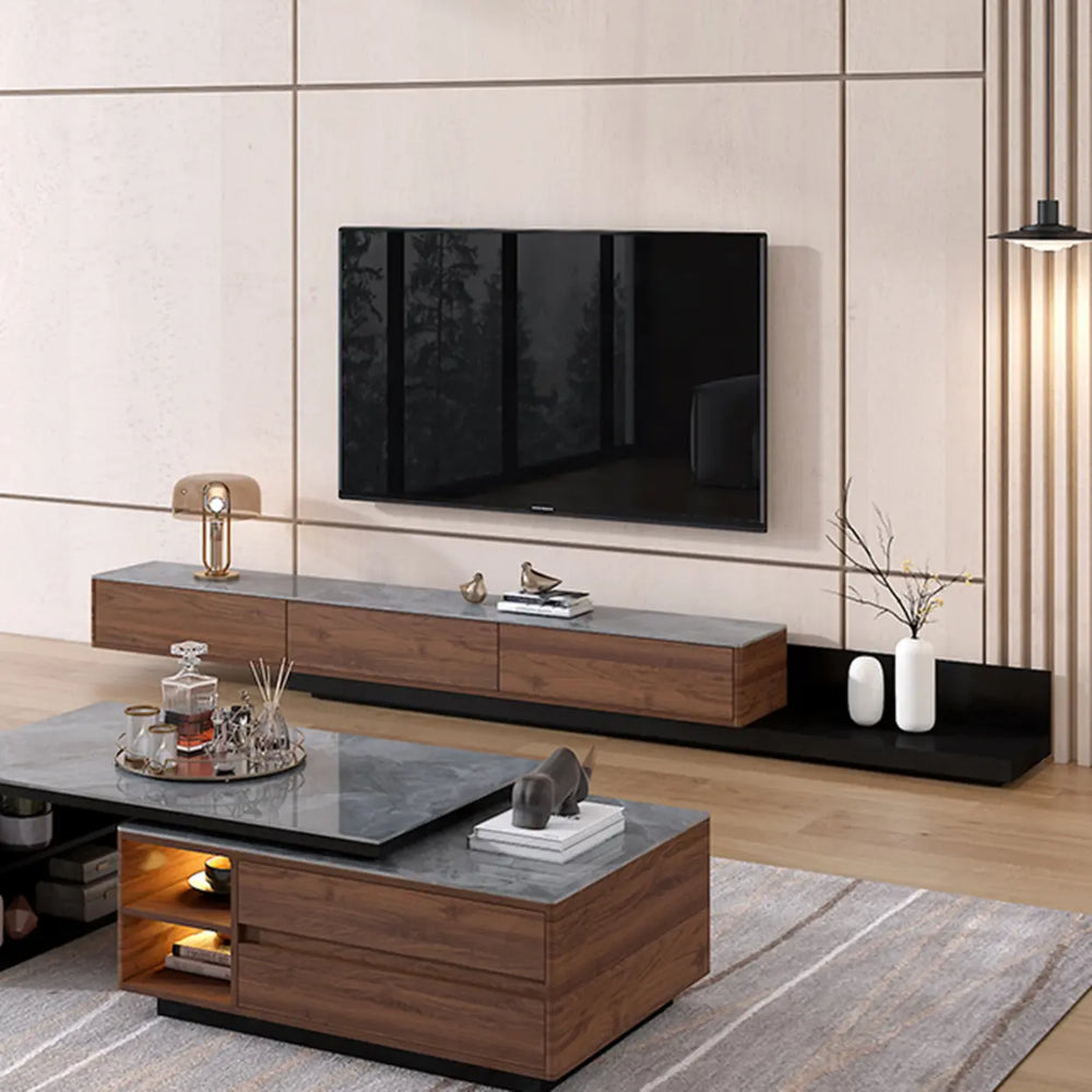 Walnut-Black Stone Rectangle Long TV Stand with Drawers