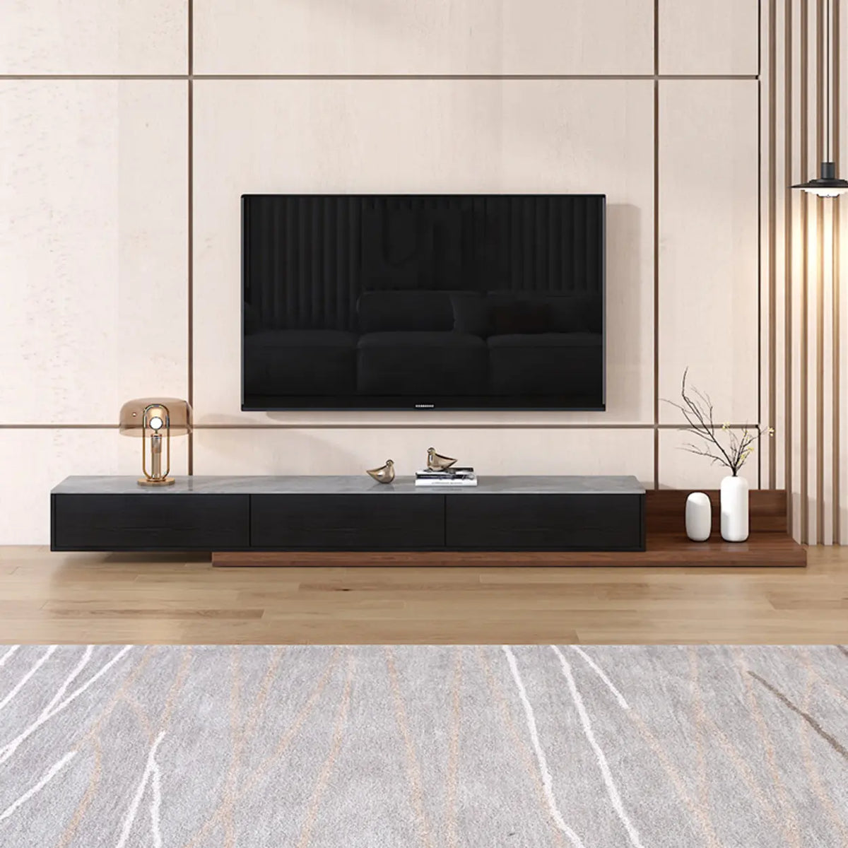 Walnut-Black Stone Rectangle Long TV Stand with Drawers