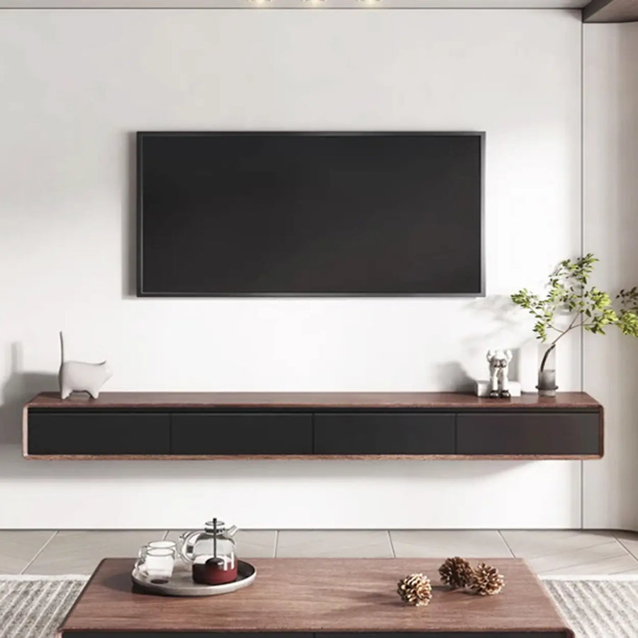 Walnut-Black Wooden Drawers Floating Mount TV Stand