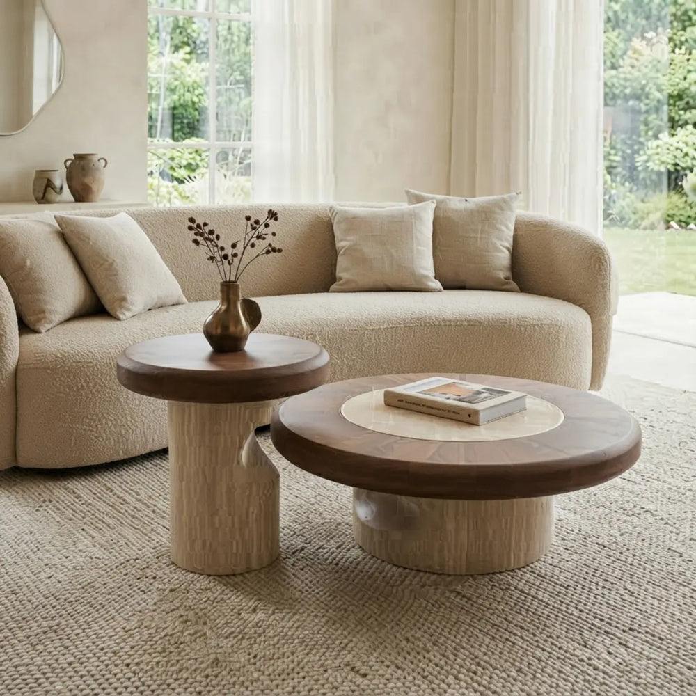 Walnut Round Coffee Table Set with Stone Base 2 Piece