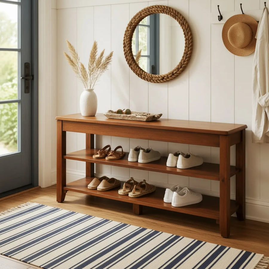 Walnut Rubber Wood Shoe Bench with Adjustable Shelves, 2 or 3 Tier