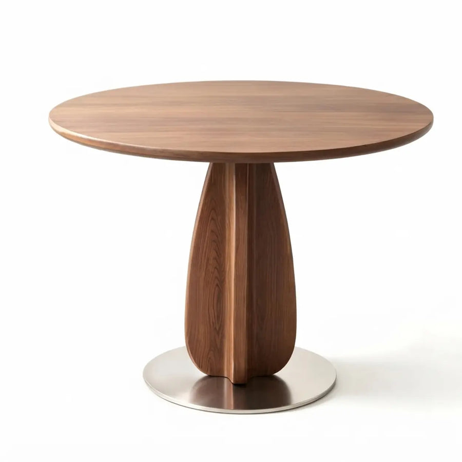 Walnut Solid Wood Round Pedestal Dining Table with Metal Base