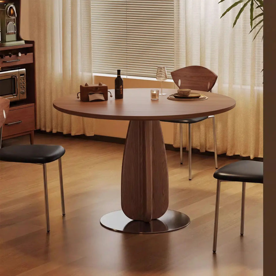 Walnut Solid Wood Round Pedestal Dining Table with Metal Base