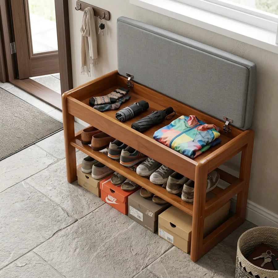 Walnut Solid Wood Shoe Storage Bench with Lift-Top Cushioned Seat