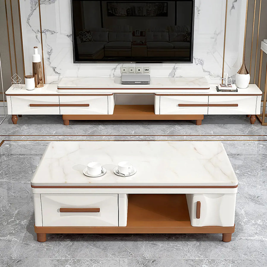 White Faux Marble Drawers Rectangle Long TV Stand