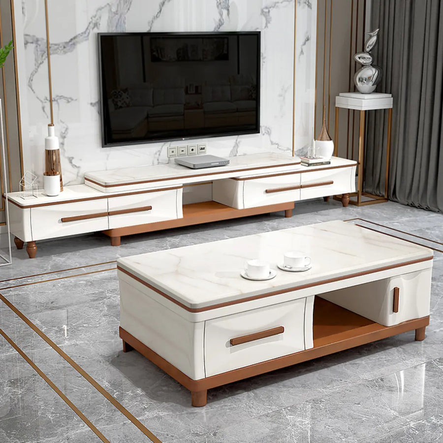 White Faux Marble Drawers Rectangle Long TV Stand
