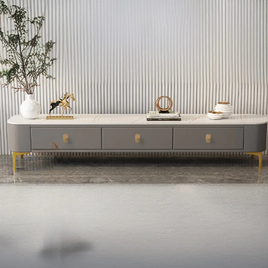 White-Gray Glass Rectangular TV Stand with Drawers