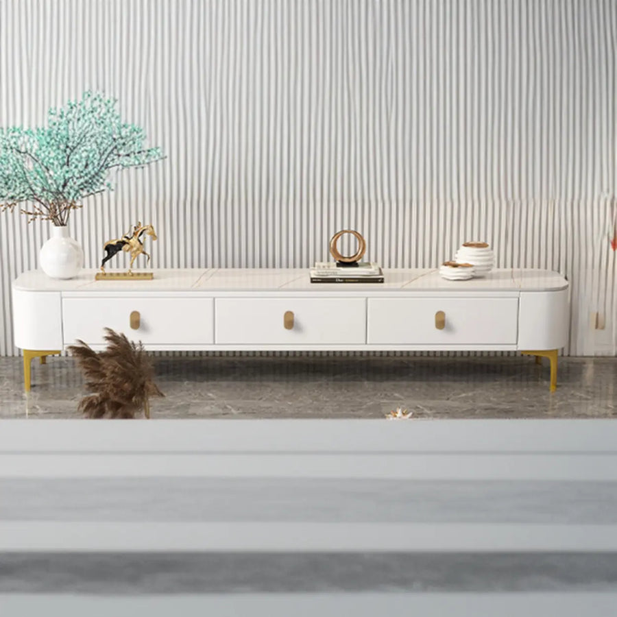 White-Gray Glass Rectangular TV Stand with Drawers