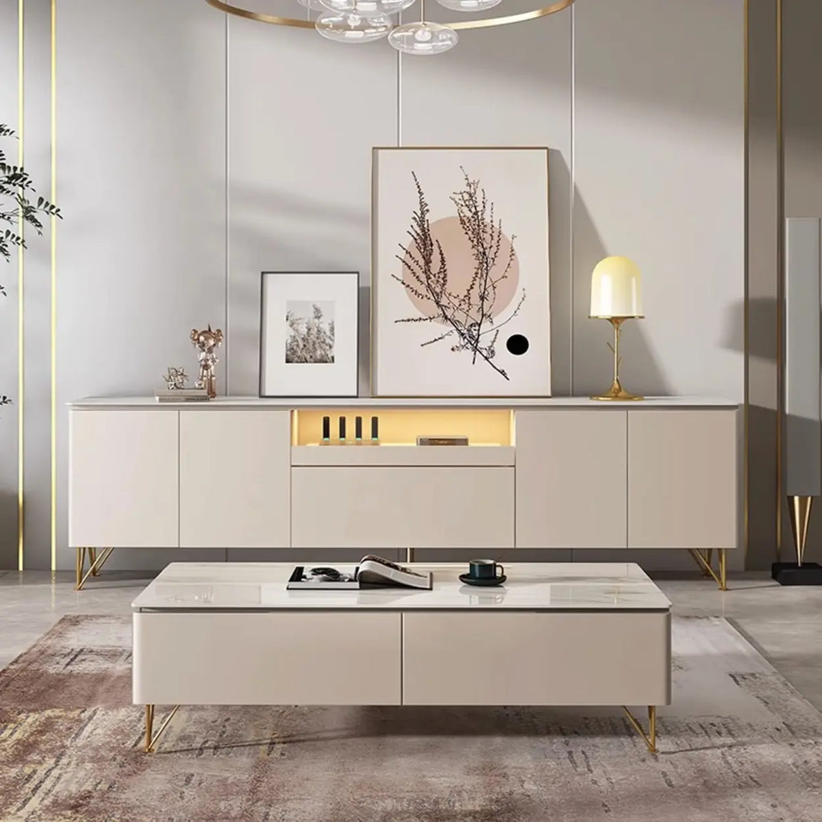 White Rectangle Open Storage Cabinet Stone TV Stand
