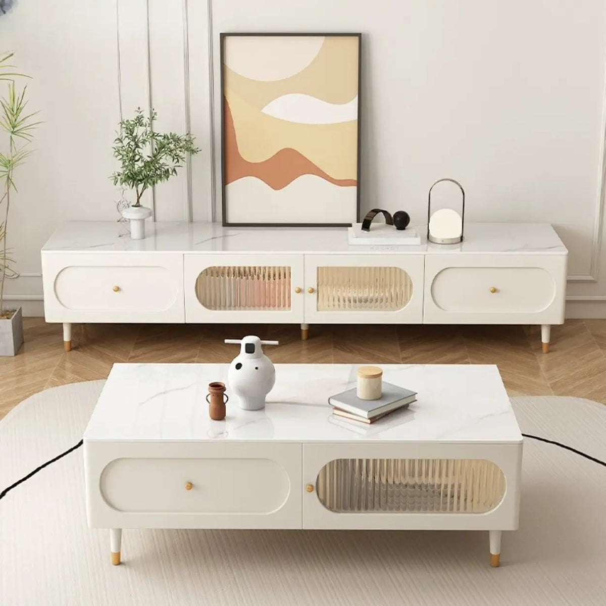 White Stone Drawers Shelves Long Rectangle TV Stand