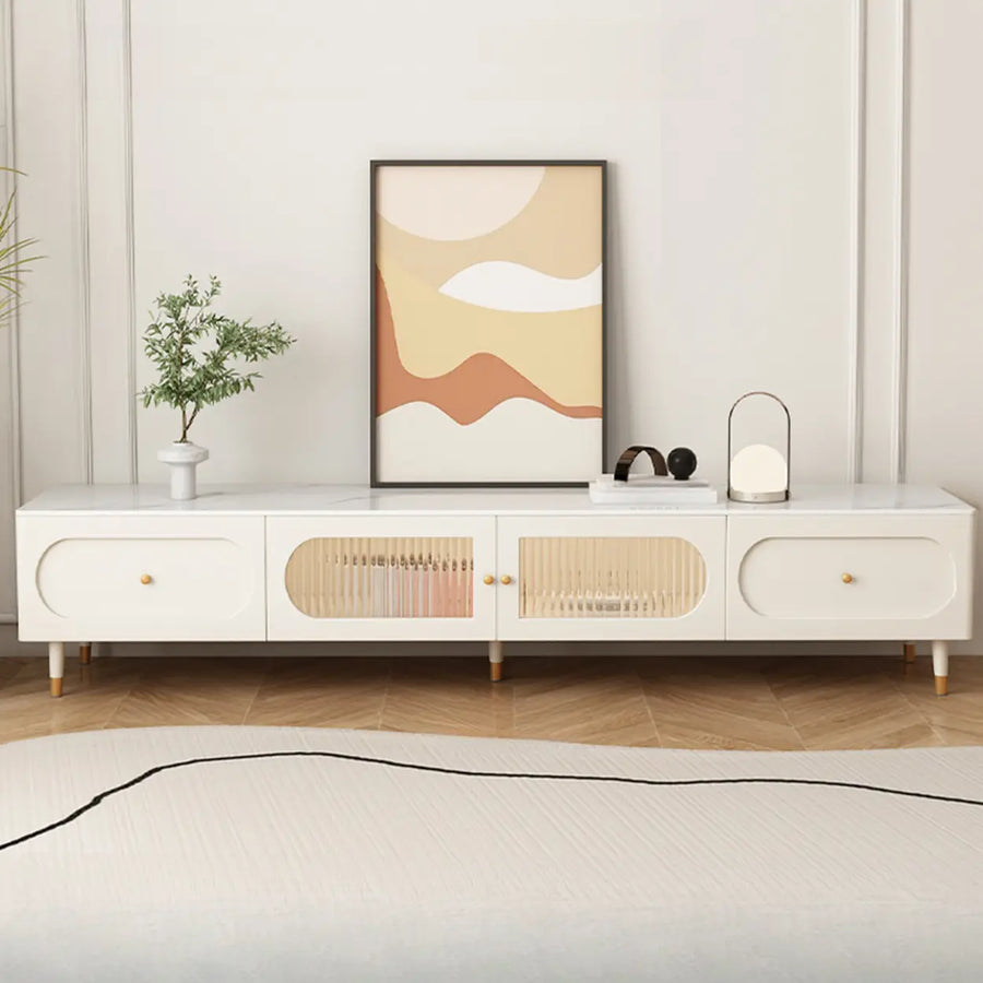 White Stone Drawers Shelves Long Rectangle TV Stand