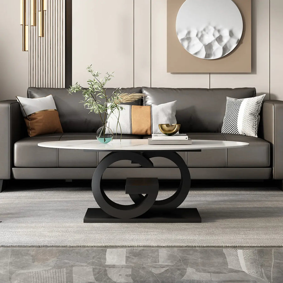 White Stone Oval Abstract Steel Base Coffee Table
