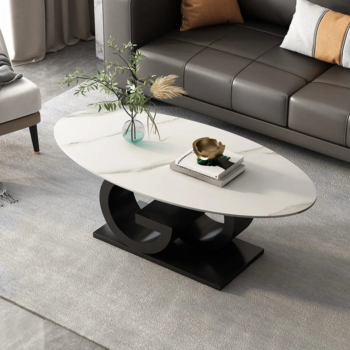 White Stone Oval Abstract Steel Base Coffee Table