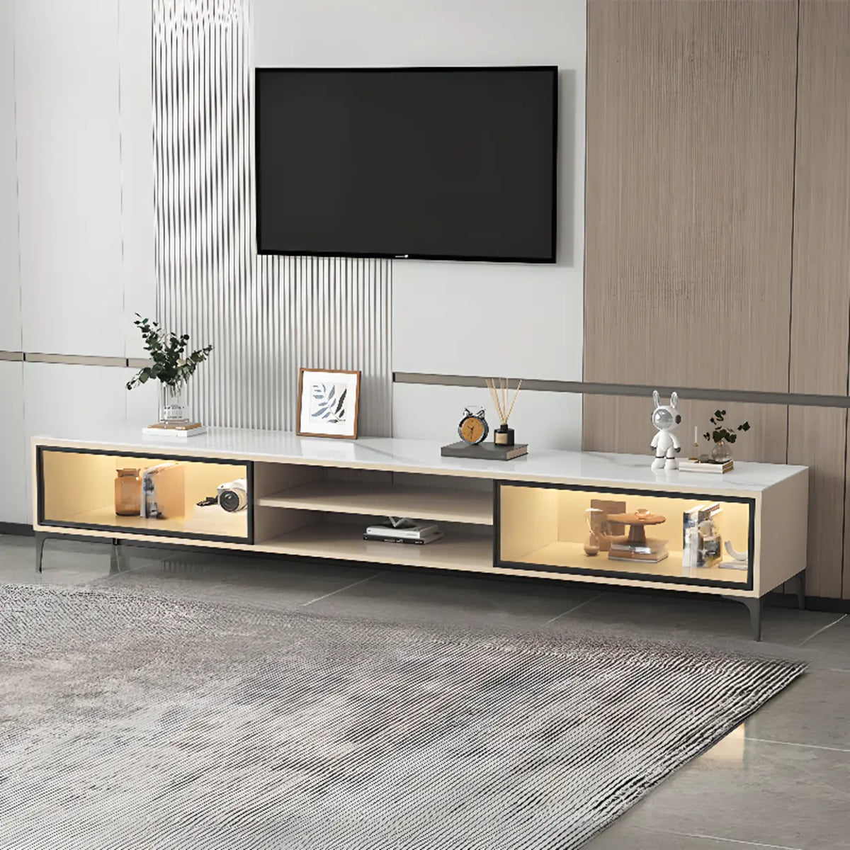 White Stone Rectangle Open Storage Shelves TV Stand