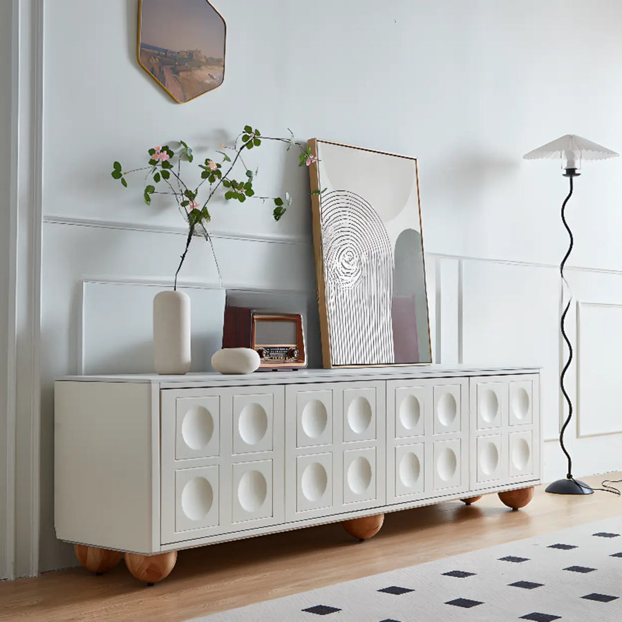 White Stone Rectangle Shelves Cabinet Long TV Stand