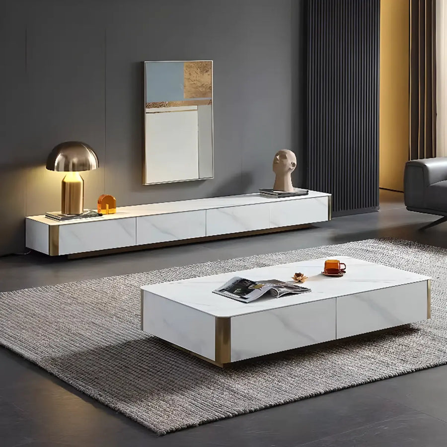 White Stone Rectangular Enclosed Storage TV Stand