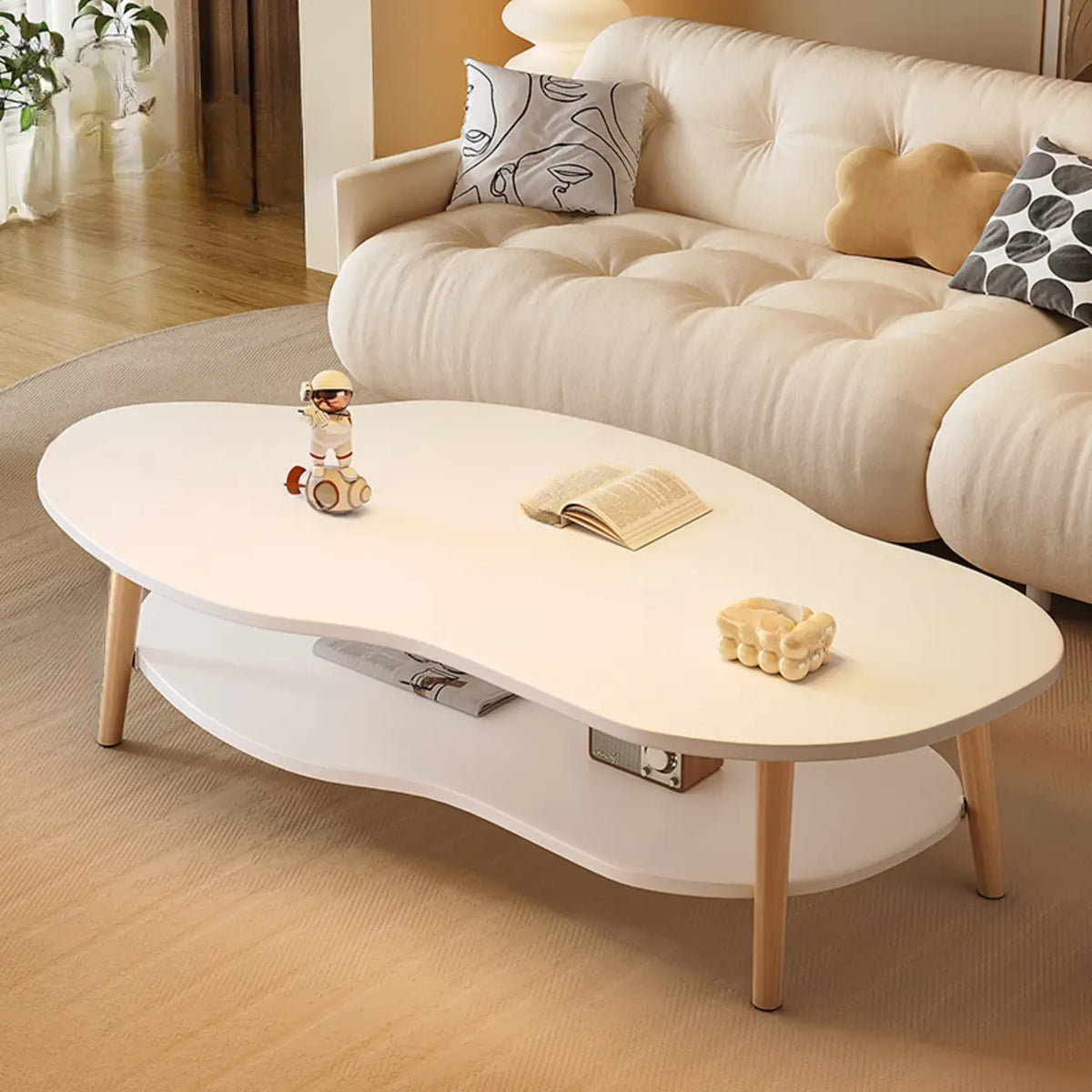White Wood Free Form Shelf Coffee Table with Four Legs
