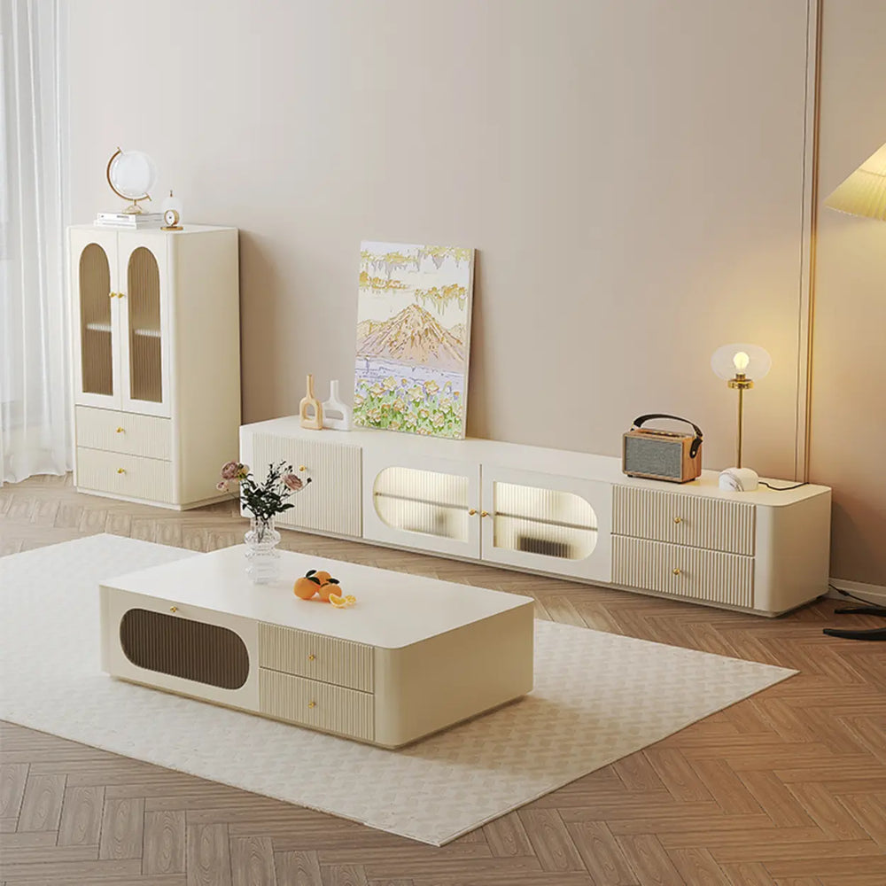 White Wood Shelves Cabinet Drawers Rectangle TV Stand