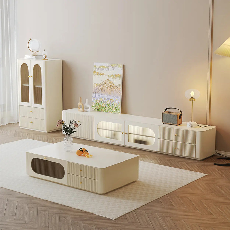 White Wood Shelves Cabinet Drawers Rectangle TV Stand