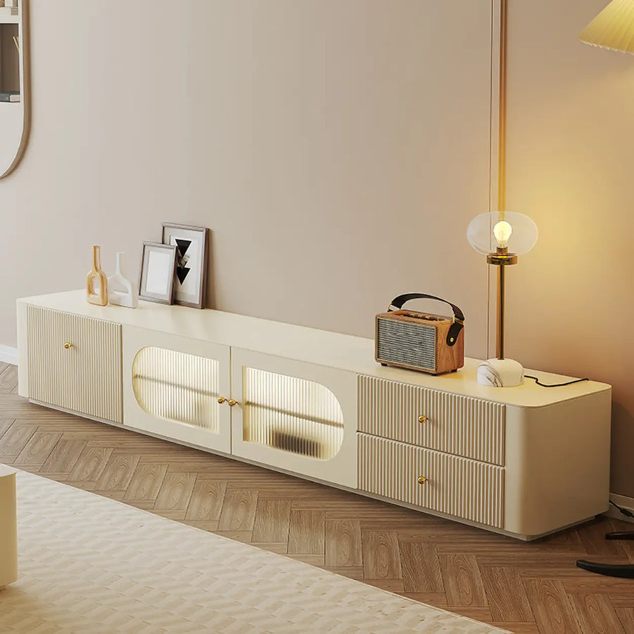 White Wood Shelves Cabinet Drawers Rectangle TV Stand
