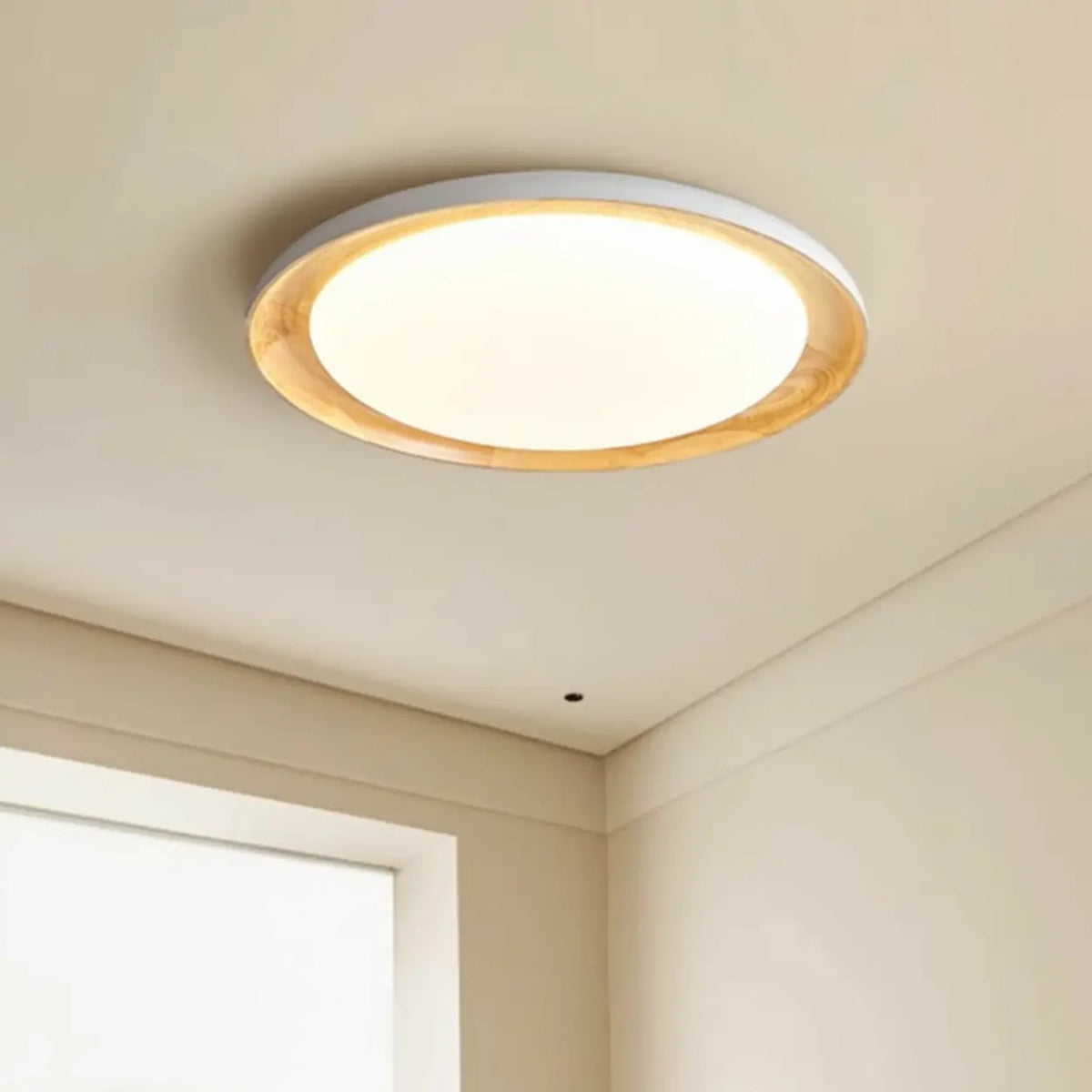 Wood White Circular LED Flush Mount Ceiling Light