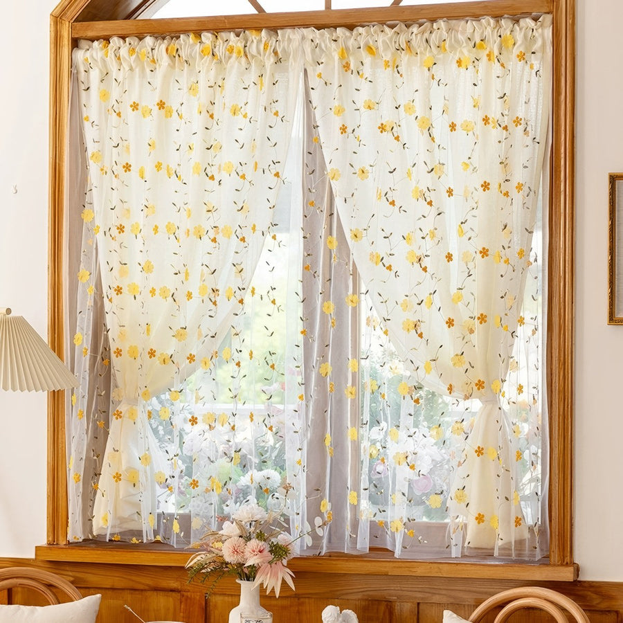 Yellow Wildflower Embroidered Sheer Curtain
