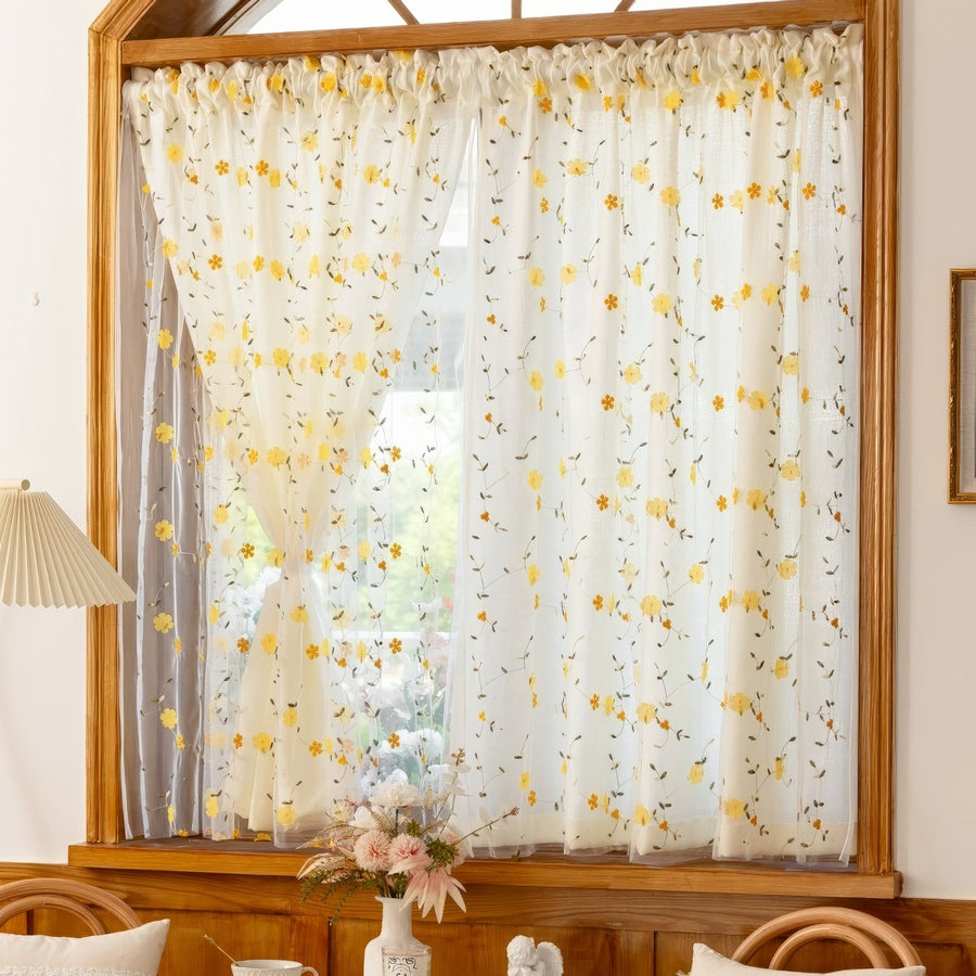 Yellow Wildflower Embroidered Sheer Curtain