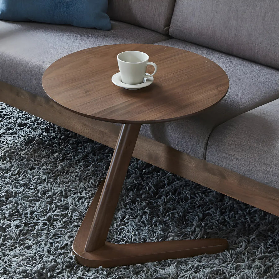Z-Shaped Round Wood Walnut Finish Side Table