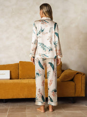 100% Mulberry Silk Botanical Print Long Sleeve Women's Pajamas Set