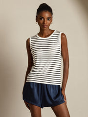Women's 100% Mulberry Silk Round Neck Casual Stripe Print Tank Top
