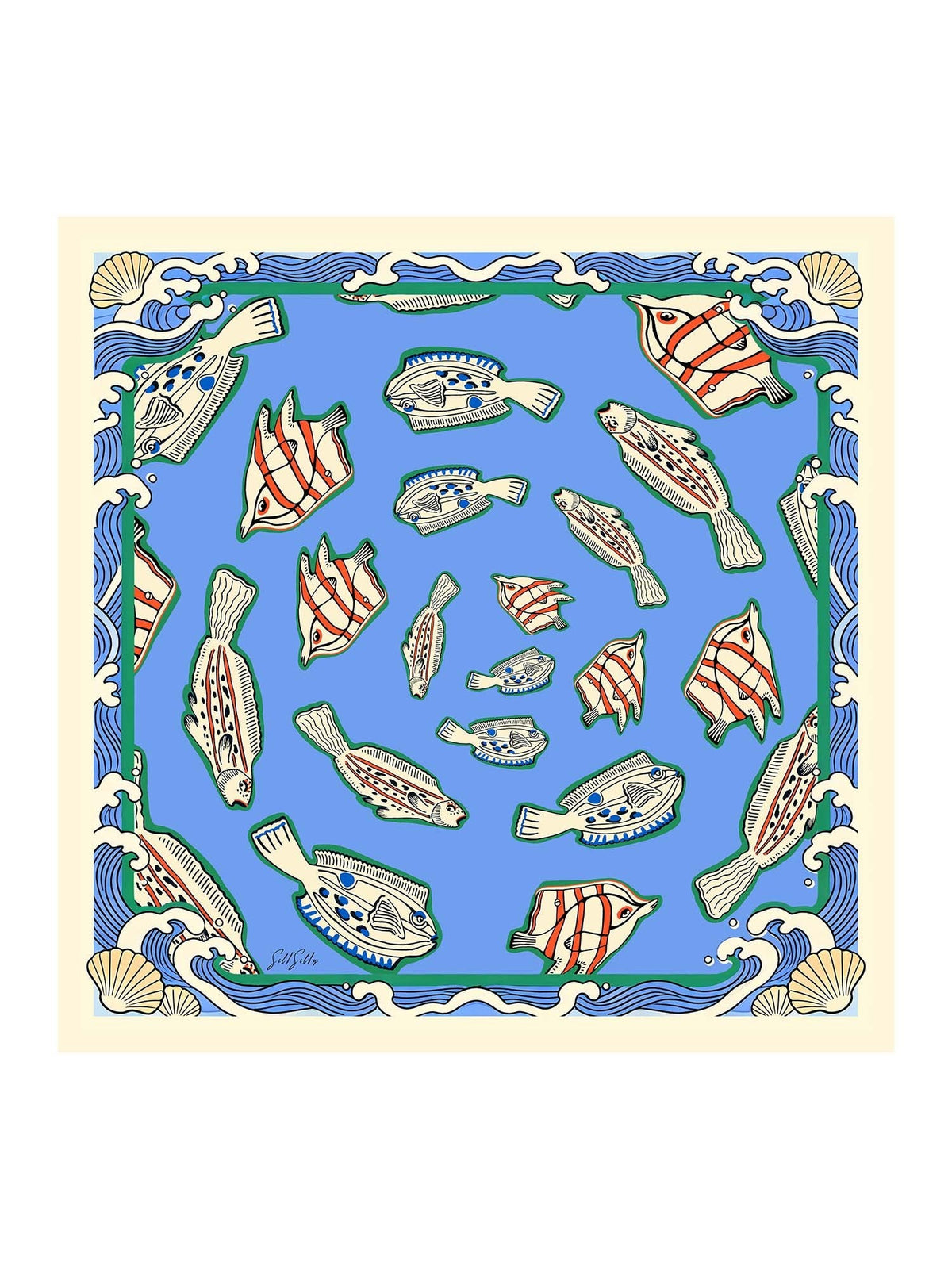 100% Mulberry Silk Fish Pattern Scarf - Size 90x90cm