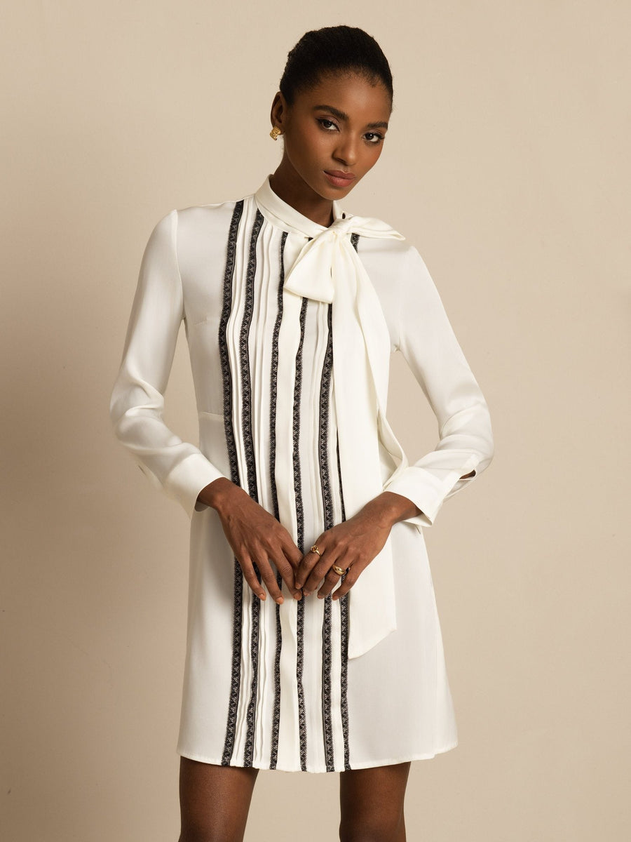 Clearance - 19Momme Silk  Women's Tie-Neck Short Shirt Dress with Vertical Pleated