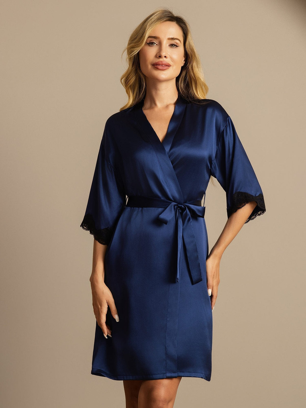 100% Mulberry Silk Basic Women's Robe with Lace Design