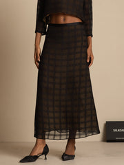 Clearance - 100% Mulberry Silk High-Waist A-Line Textured Grid Long Skirt With Back Zipper