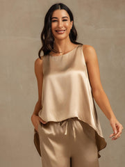 100% Mulberry Silk Sleeveless U-Neck Backless High-low Tank Top & Wide Leg Pants Set