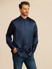 19Momme Silk Men''s Long Sleeve Stand Collar Classic Business Shirt