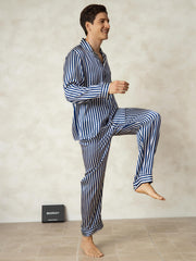 Men's 100% Mulberry Silk Stripe Print Long Sleeve Lapel Collar Pajamas Set